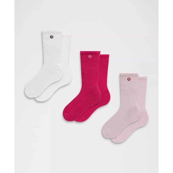 Lululemon Unisex Daily Essential Crew Socks 3 Pack XL Pink Haze/White/Magenta Sm - Picture 1 of 1